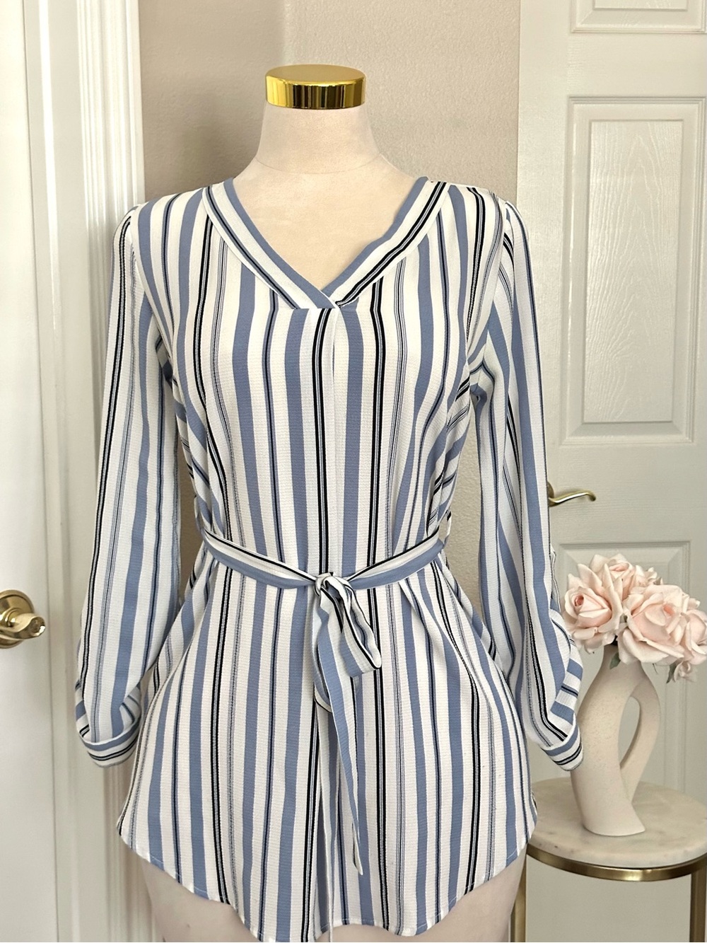 Blue White Striped V-Neck Mini Shirt Dress w/ Waist Tie Sz S